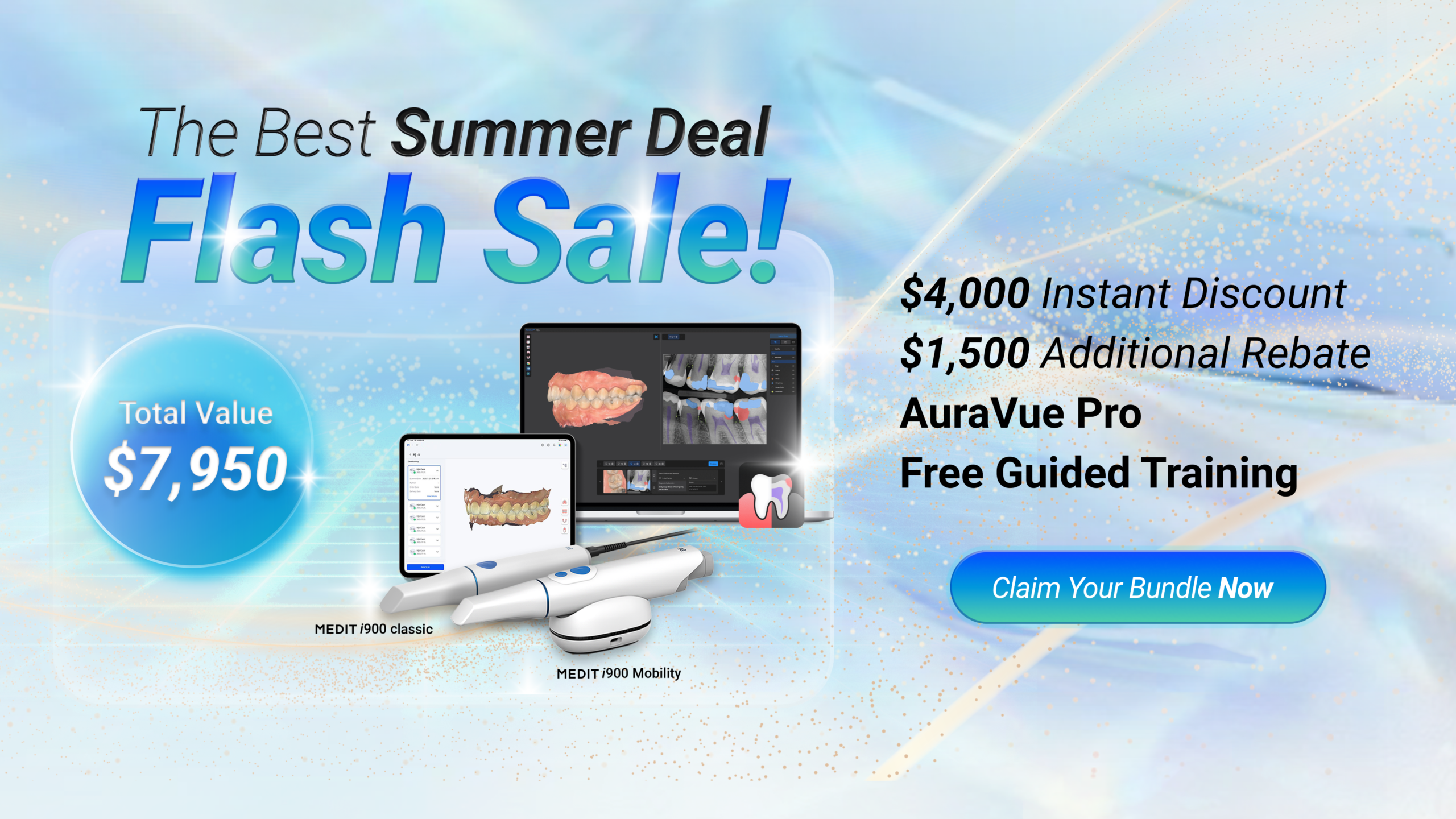 Promotional Banner for a Summer Deal Flash Sale with ,950 Total Value and a ,000 Instant Discount on Dental Tech Bundle Assets Shown (screens and Devices).