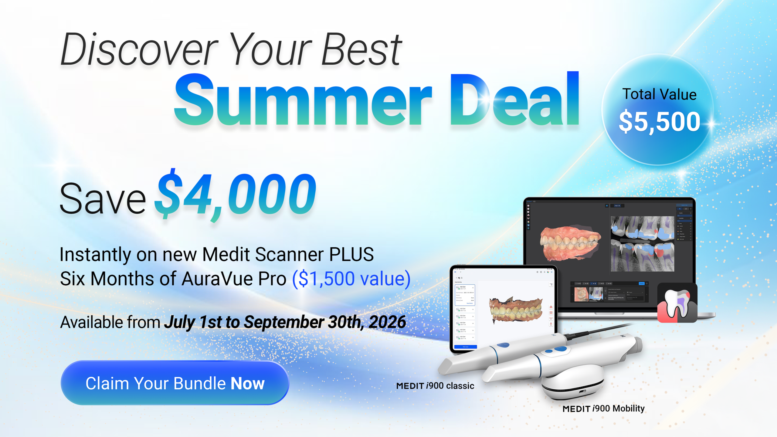 Promotional Banner for a Summer Deal on a Dental Imaging Bundle, Highlighting ,500 Total Value and ,000 Savings.