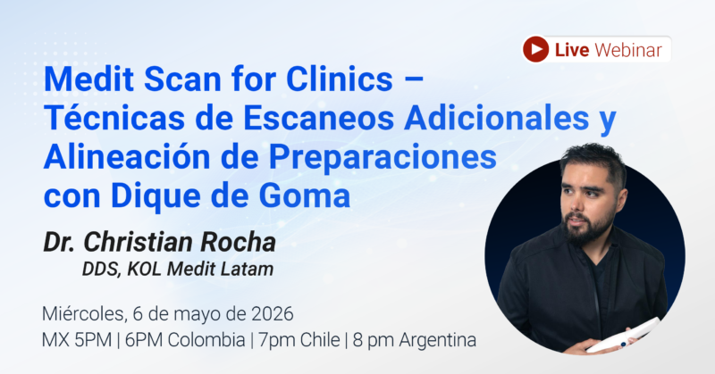 Werbe-Webinar-Banner auf Spanisch: großer blauer Titel, Porträt von Dr. Christian Rocha und ein „Live-Webinar“-Logo in der Ecke.