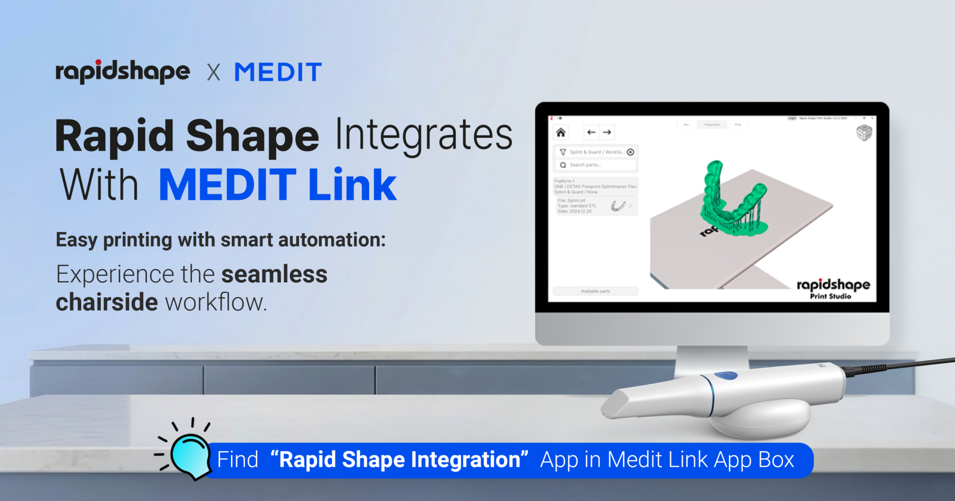 Bannière annonçant Medit Link Rapid Shape X Medit Link , avec un écran d'ordinateur affichant un logiciel d'impression 3D