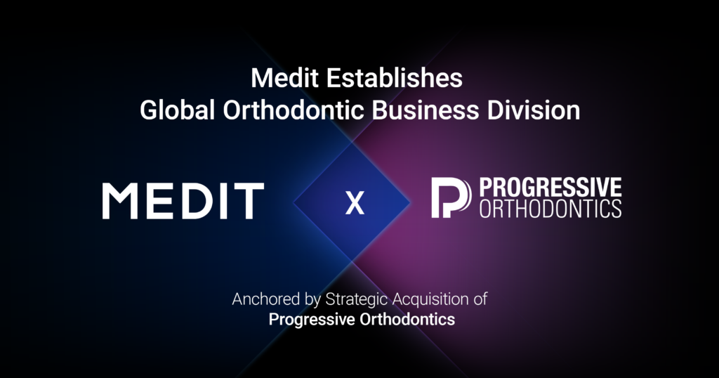 어두운 그라데이션 배경 위에 메딧(Medit)과 Progressive Orthodontics 배치된, 메딧의 글로벌 교정 사업부 설립을 알리는 배너.