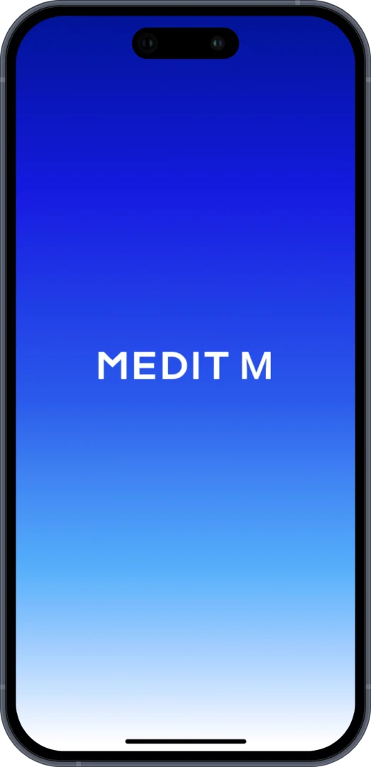 Pantalla de un smartphone en la que se ve una imagen de fondo con un degradado azul vertical y el texto «medit M» en blanco en el centro.