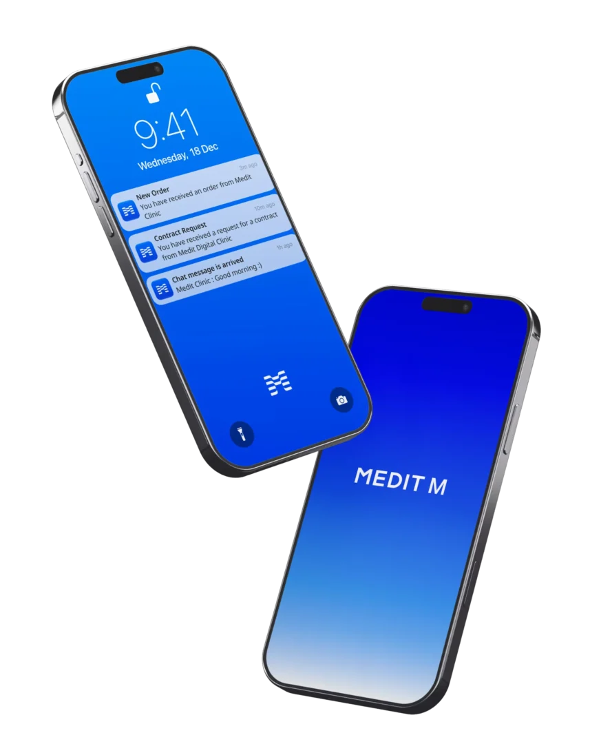 Dos teléfonos inteligentes inclinados en los que se ve la aplicación Medit Clinic, con pantallas con degradado azul y tarjetas de notificación (nuevo pedido, solicitud de contrato, chat).