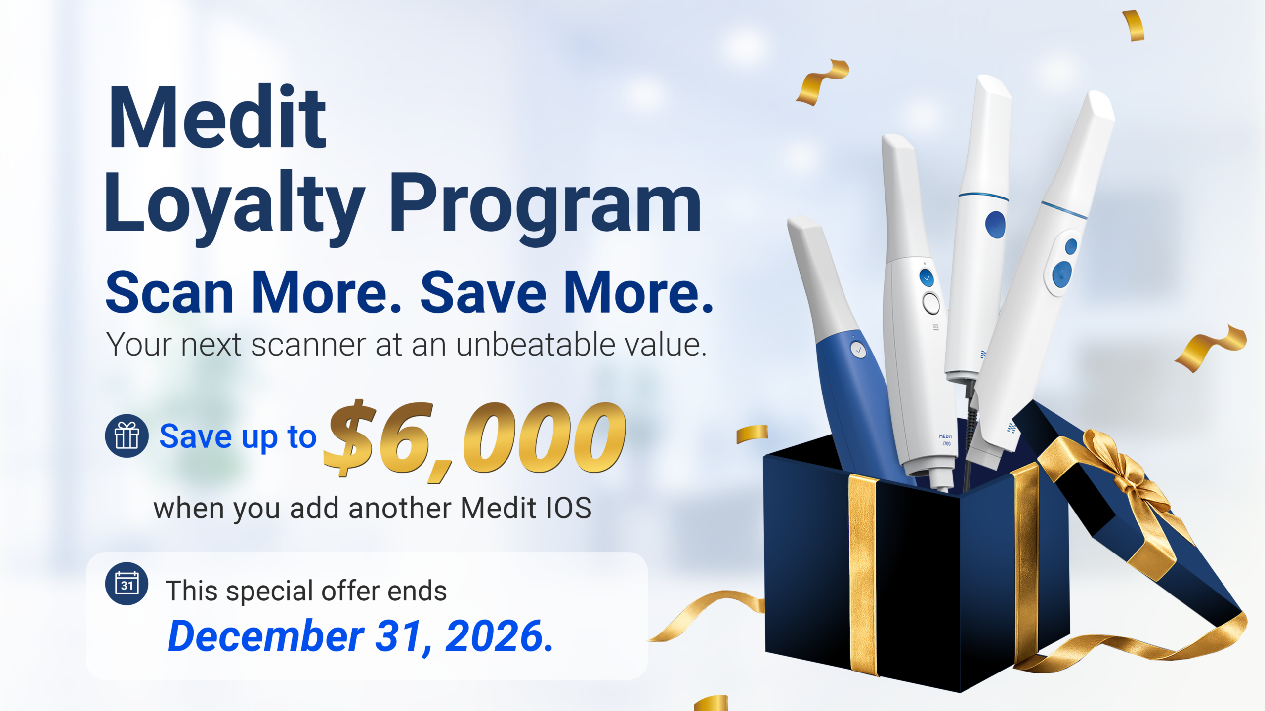 Promotional Banner for Medit Loyalty Program with Multiple Dental Scanners Emerging from a Gift Box and Celebratory Ribbons.