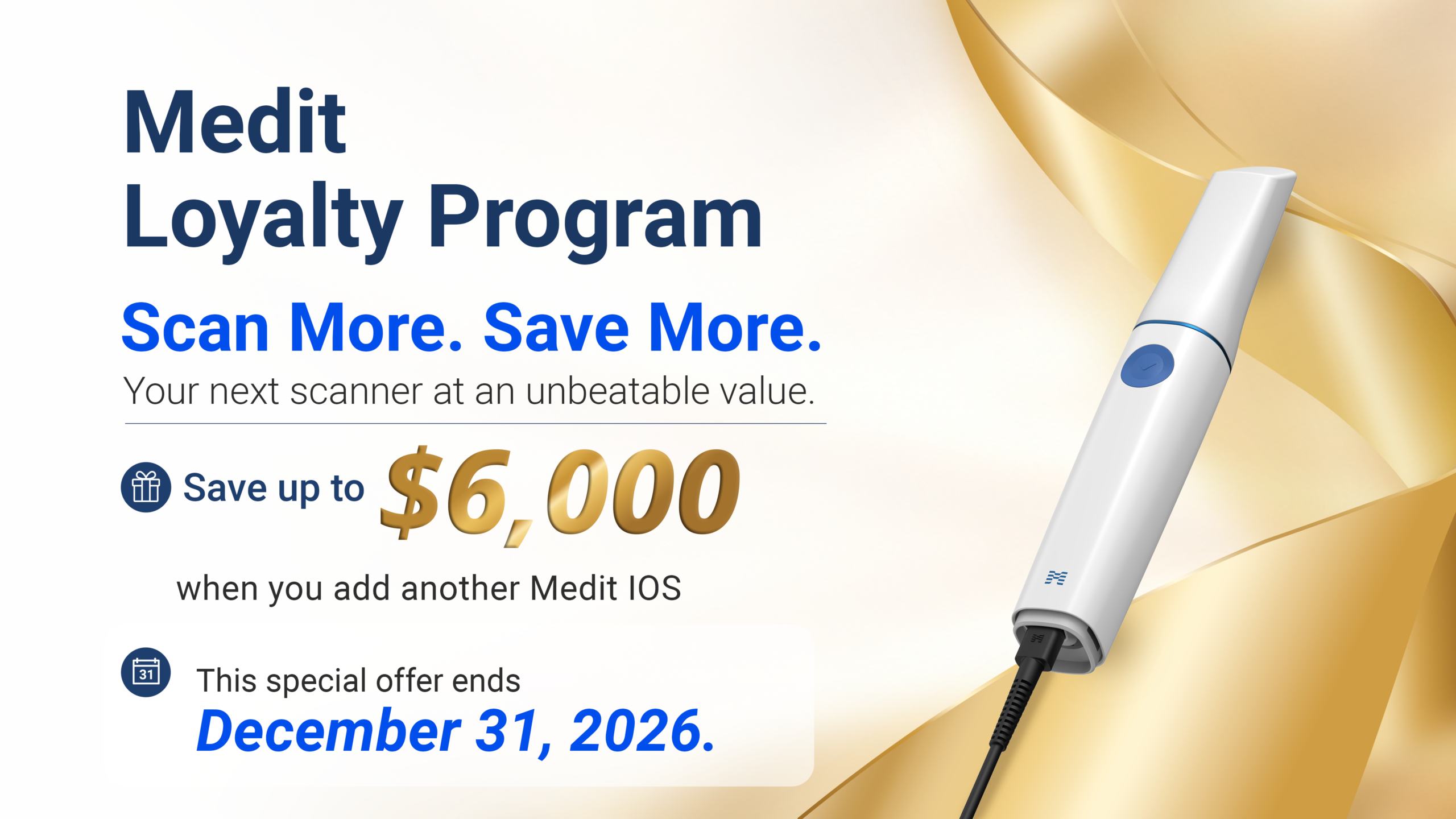 Promotional Banner for Medit Loyalty Program: 'scan More. Save More.' with a Handheld Scanner and Gold Ribbon Motif.