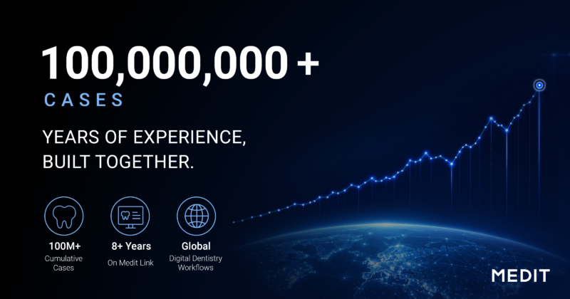 Banner que destaca mais de 100.000.000 de casos e anos de experiência em tecnologia odontológica, com um design de gráfico de dados em azul e a identidade visual da Medit.